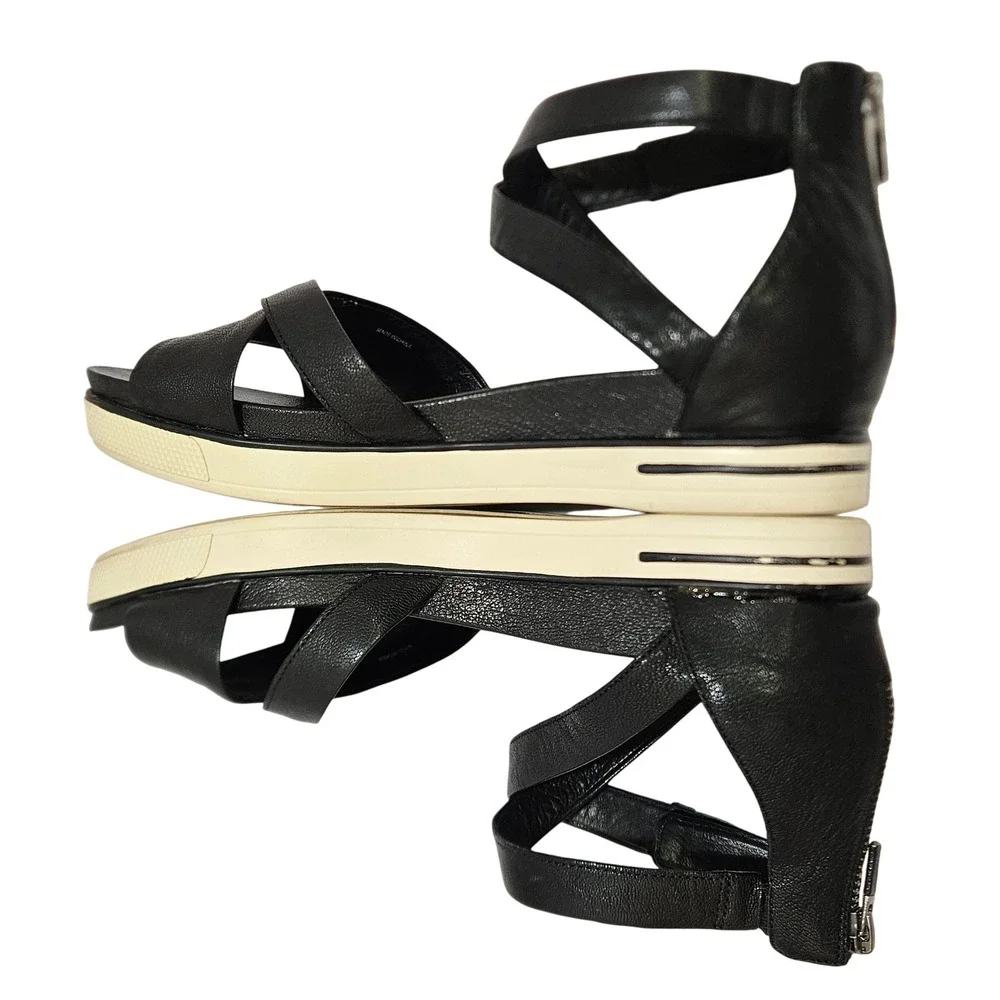 Black Leather‎ Eileen Fisher Sally Platform Wedge Crisscross Sandals Size 9.5